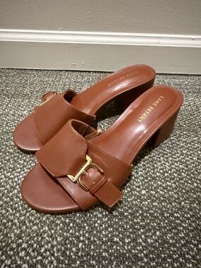 Lane Bryant Cognac Brown Leather Block Heel Mule Sandals